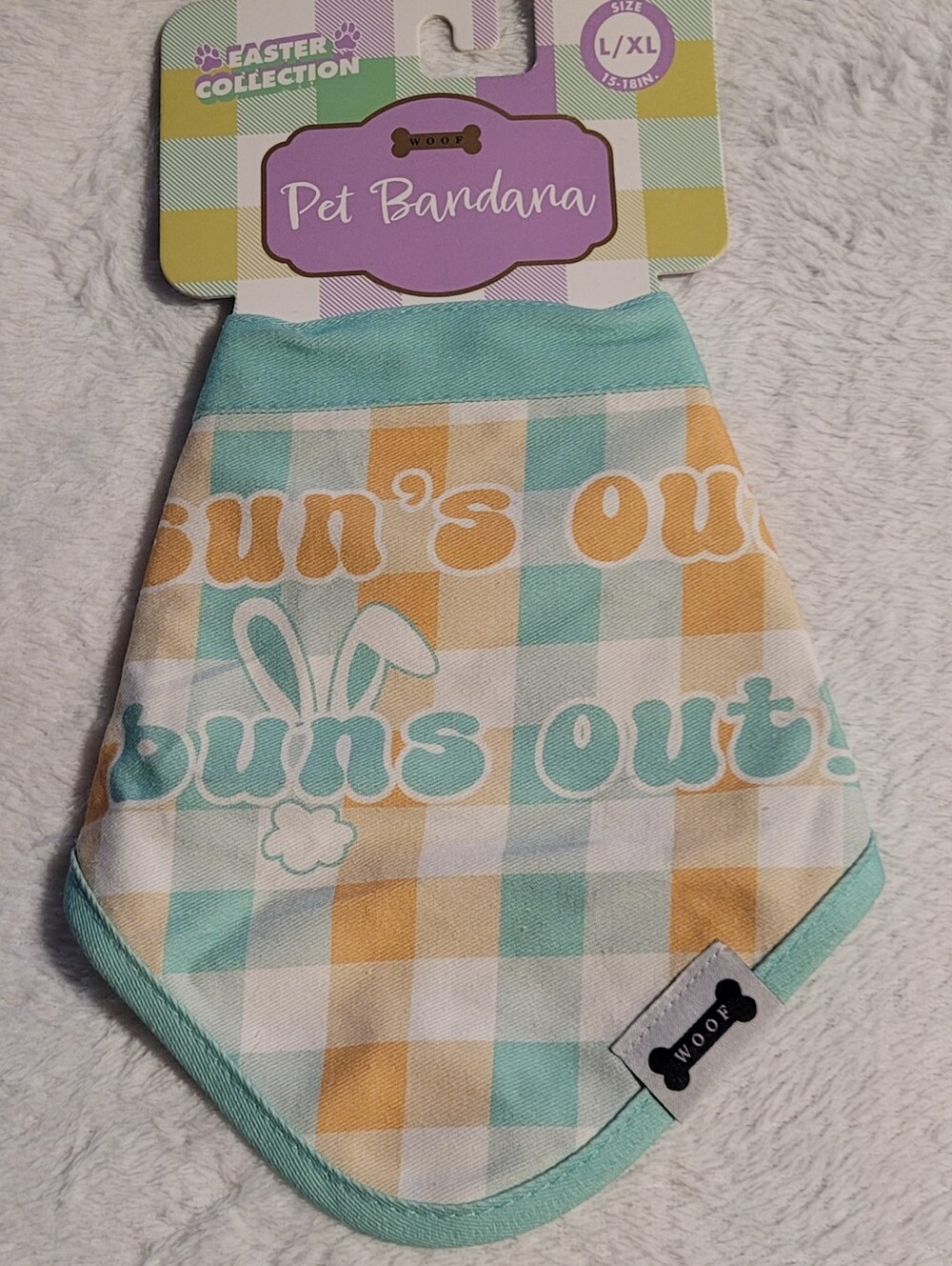 Kohl's turquoise and yellow gingham pet bandana "Suns Out Buns Out"